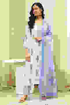 White and Blue Cotton Screen Print Unstitched Suit Set image number 7