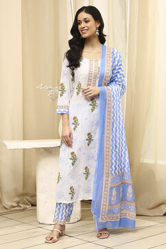 White and Blue Cotton Screen Print Unstitched Suit Set image number 7