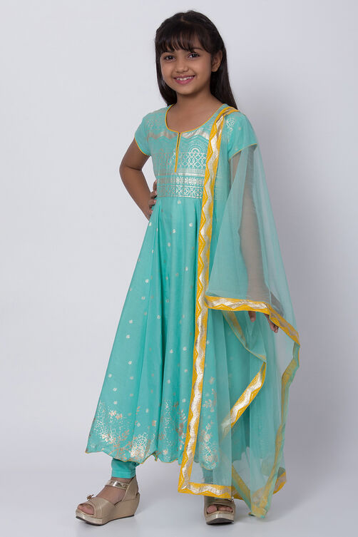 Turquoise Cotton Anarkali Kurta Churidar Suit Set image number 2