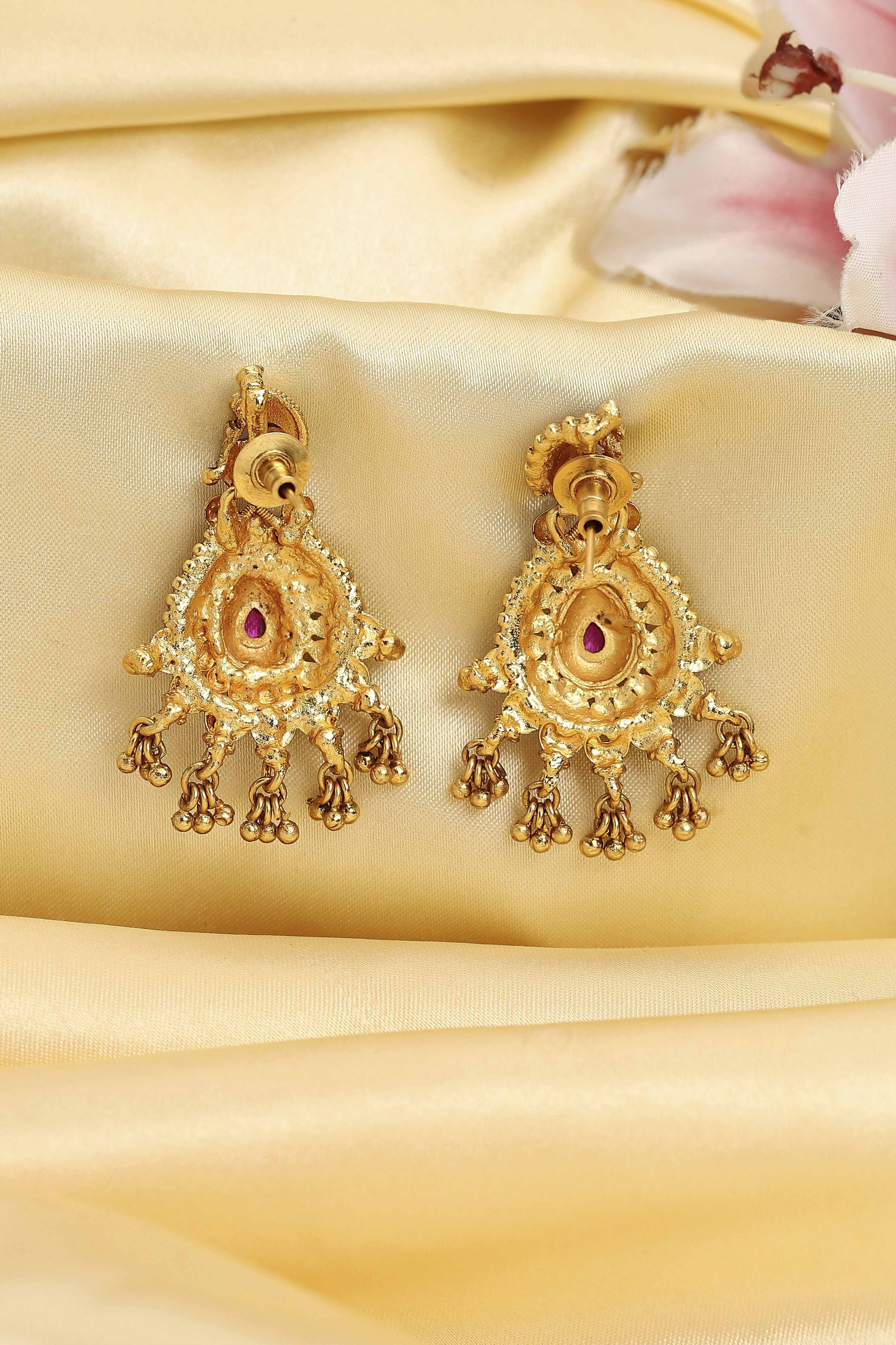 Red Gold Plated Minimal Stone Studded Drop Earrings image number 2