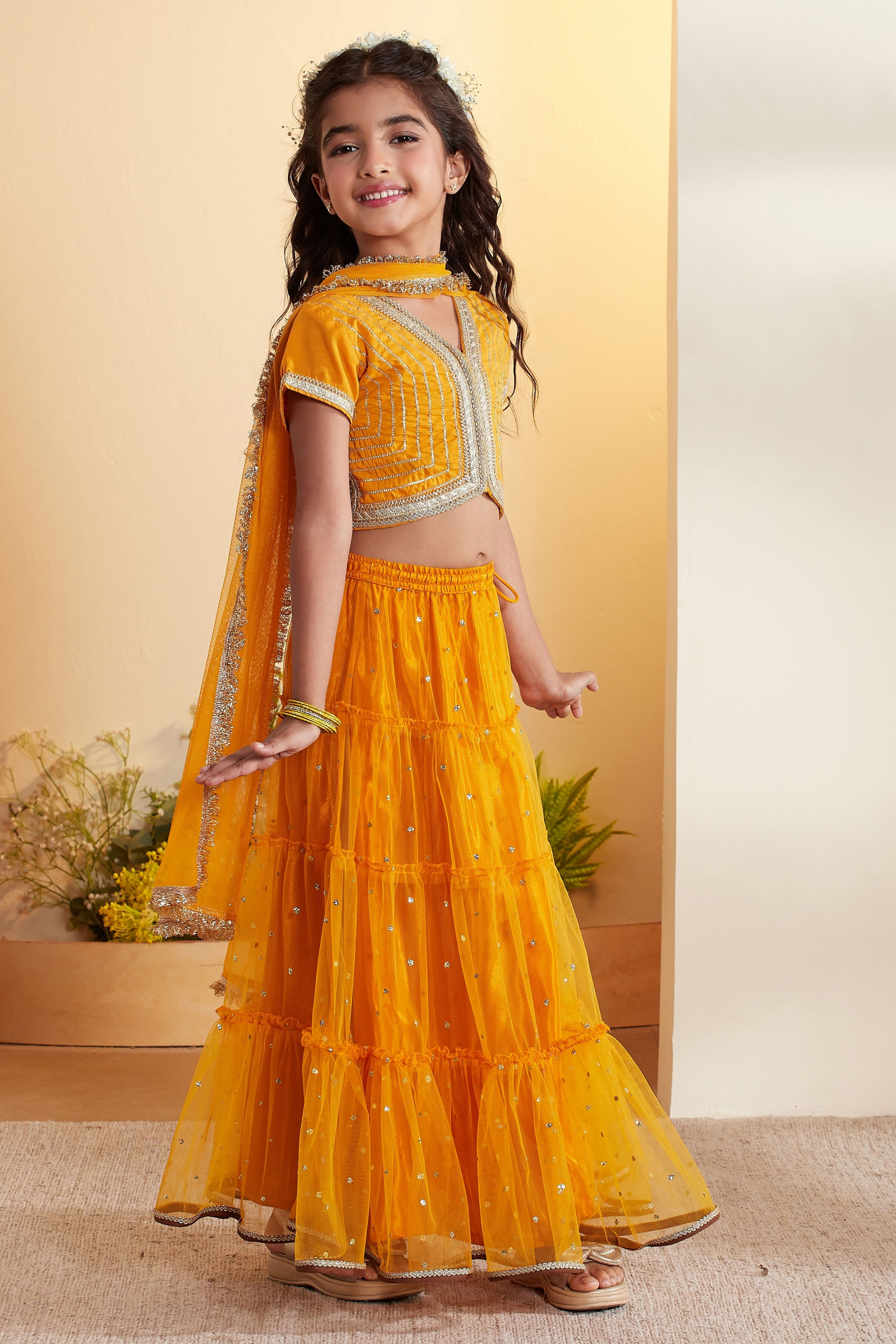 Yellow Cotton Sequined Tiered Lehenga Set image number 4