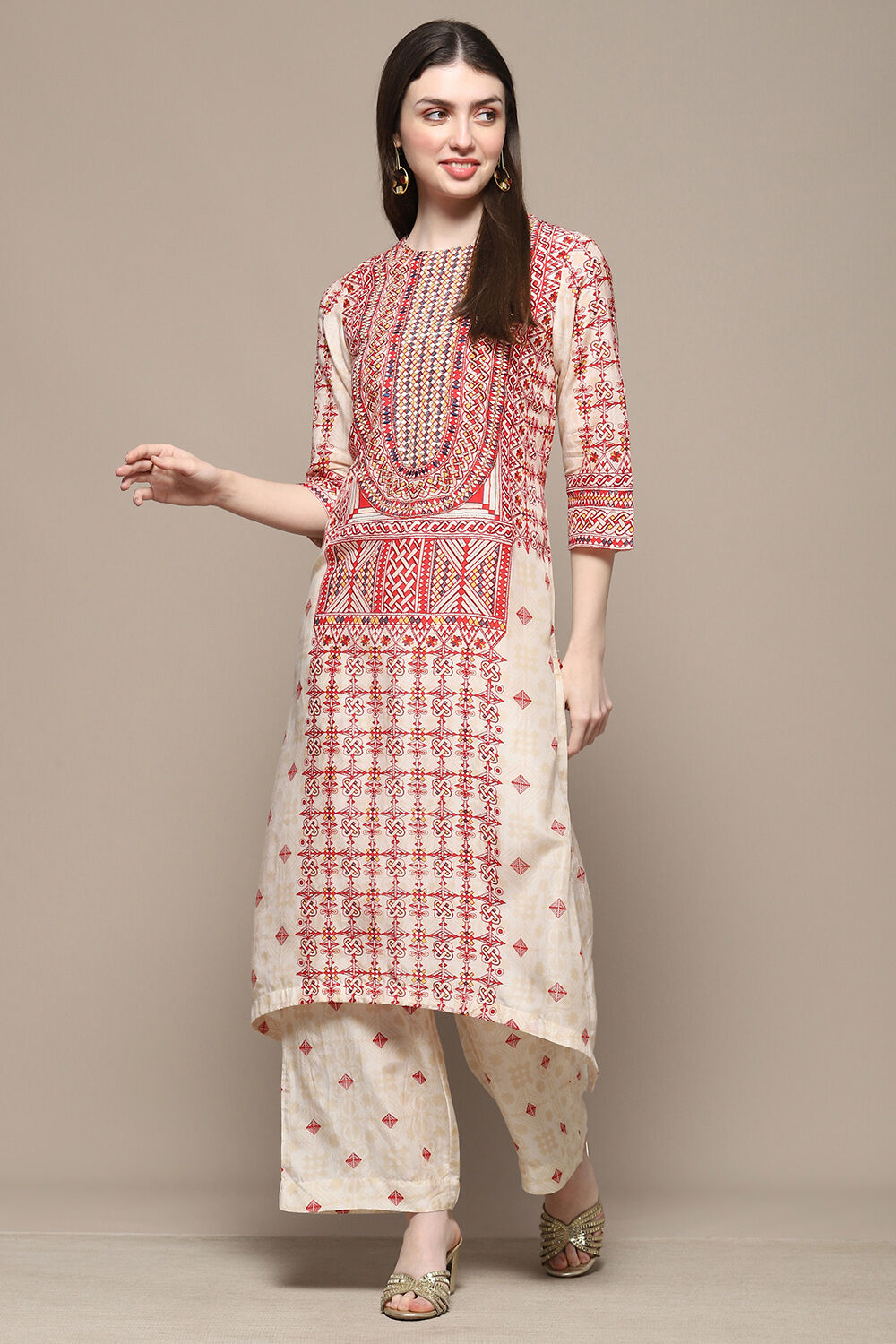 Beige Rayon Asymmetric Kurta & Palazzo Suit Set image number 0