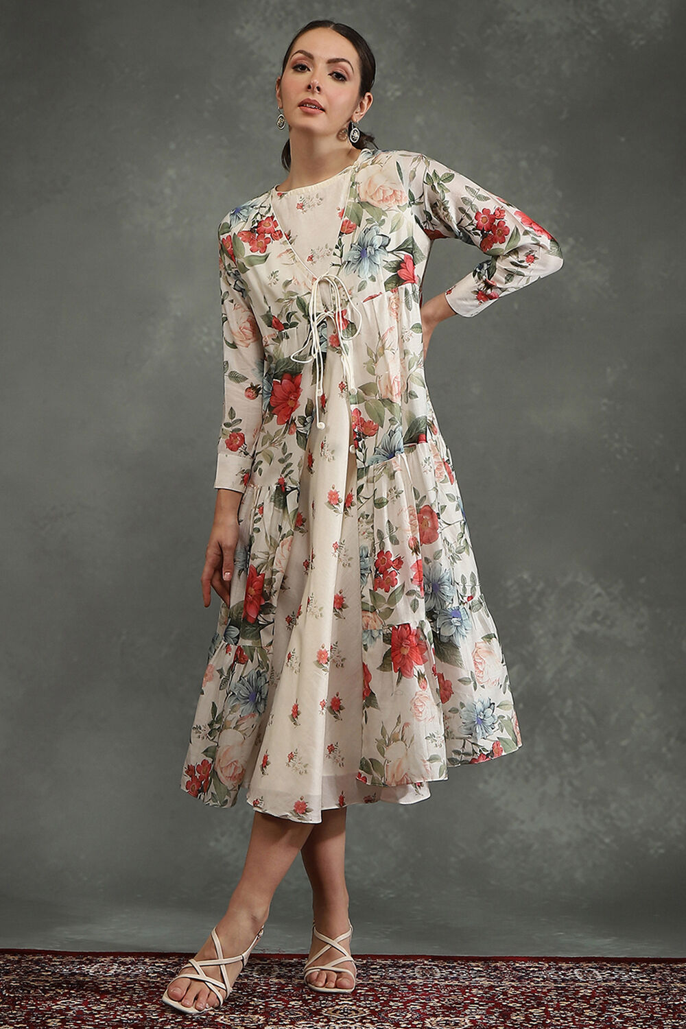 Ivory Silk Chanderi Floral Front-Open Dress image number 0
