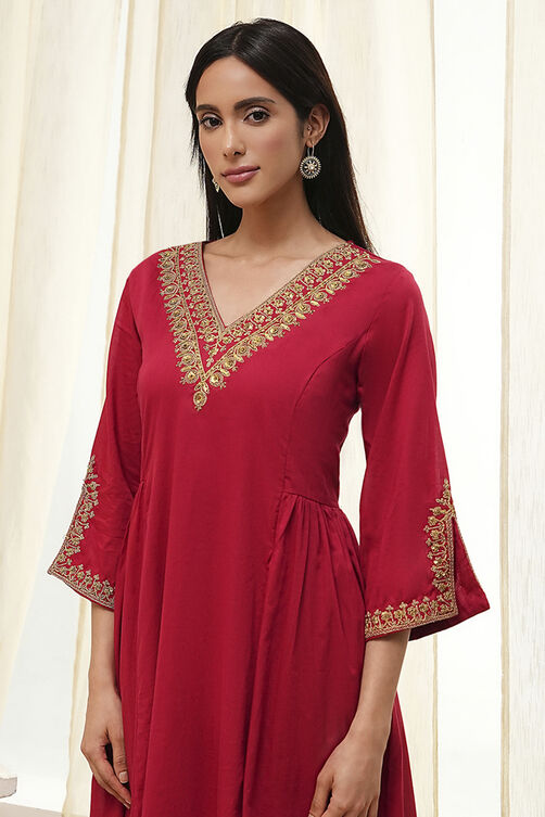 Red Cotton Solid A-Line Kurta image number 1