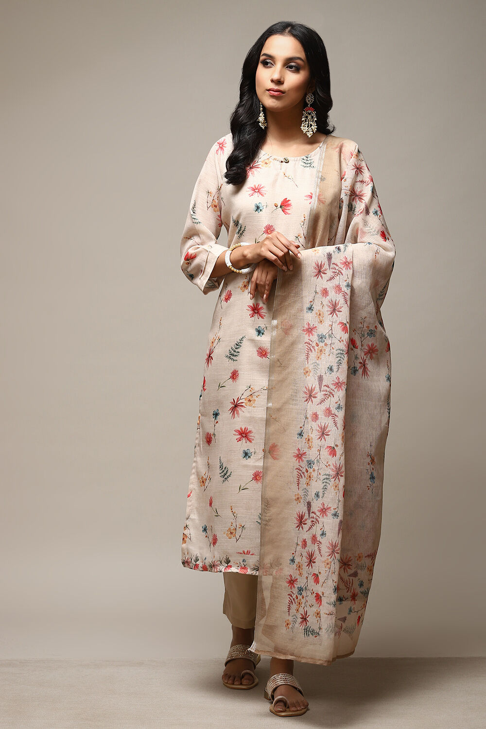 Cream Linen Digital Print Unstitched Suit Set image number 14