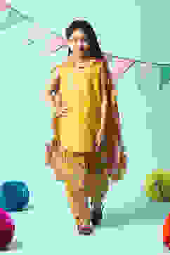 Yellow Poly Cotton A-Line Printed Kurta Dhoti Suit Set image number 7