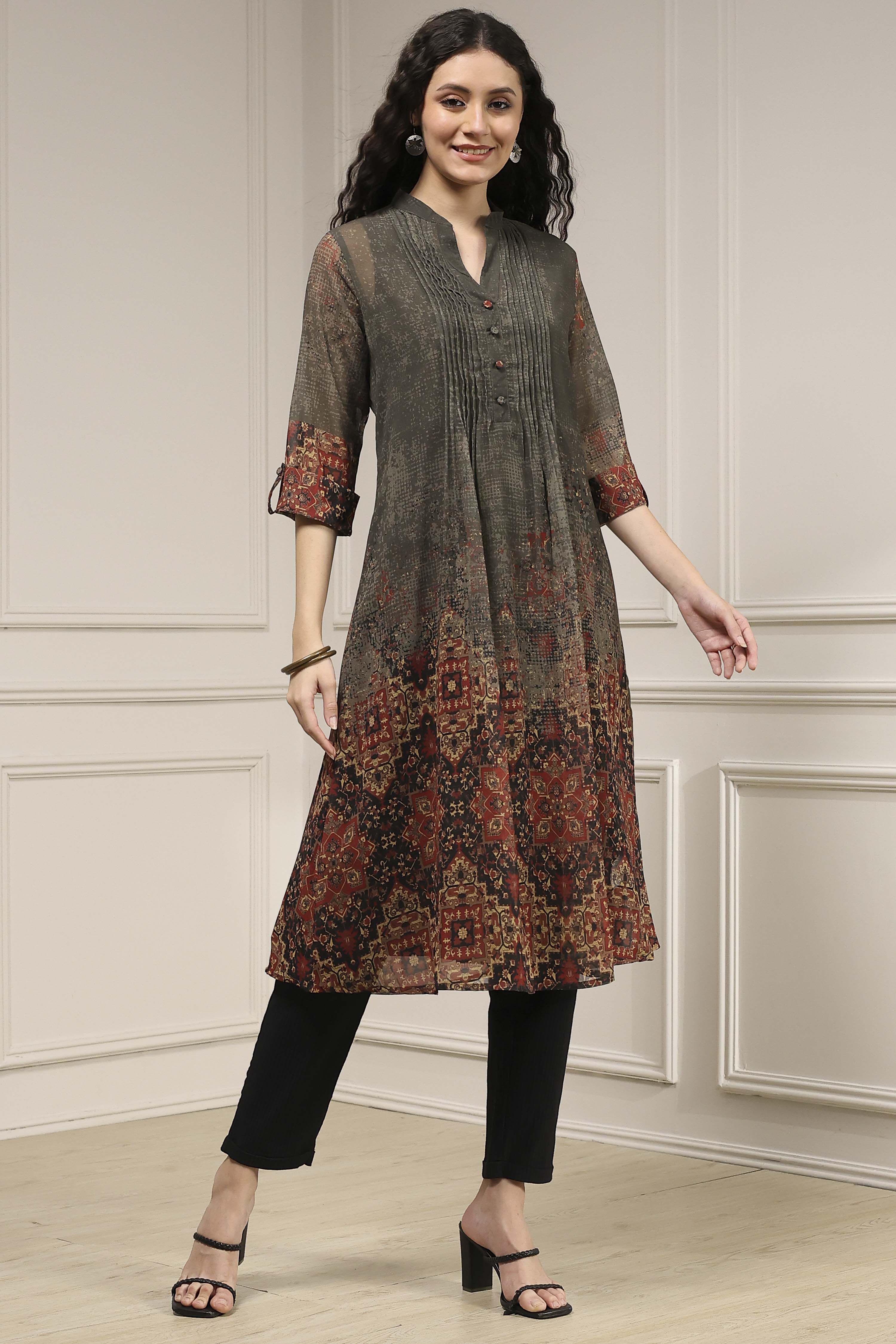 Charcoal and Rust Printed Pleated A-Line Kurta image number 0