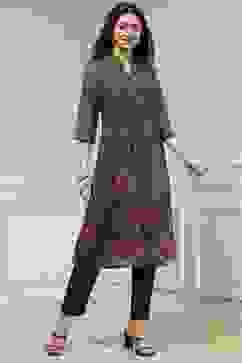 Charcoal and Rust Printed Pleated A-Line Kurta image number 0