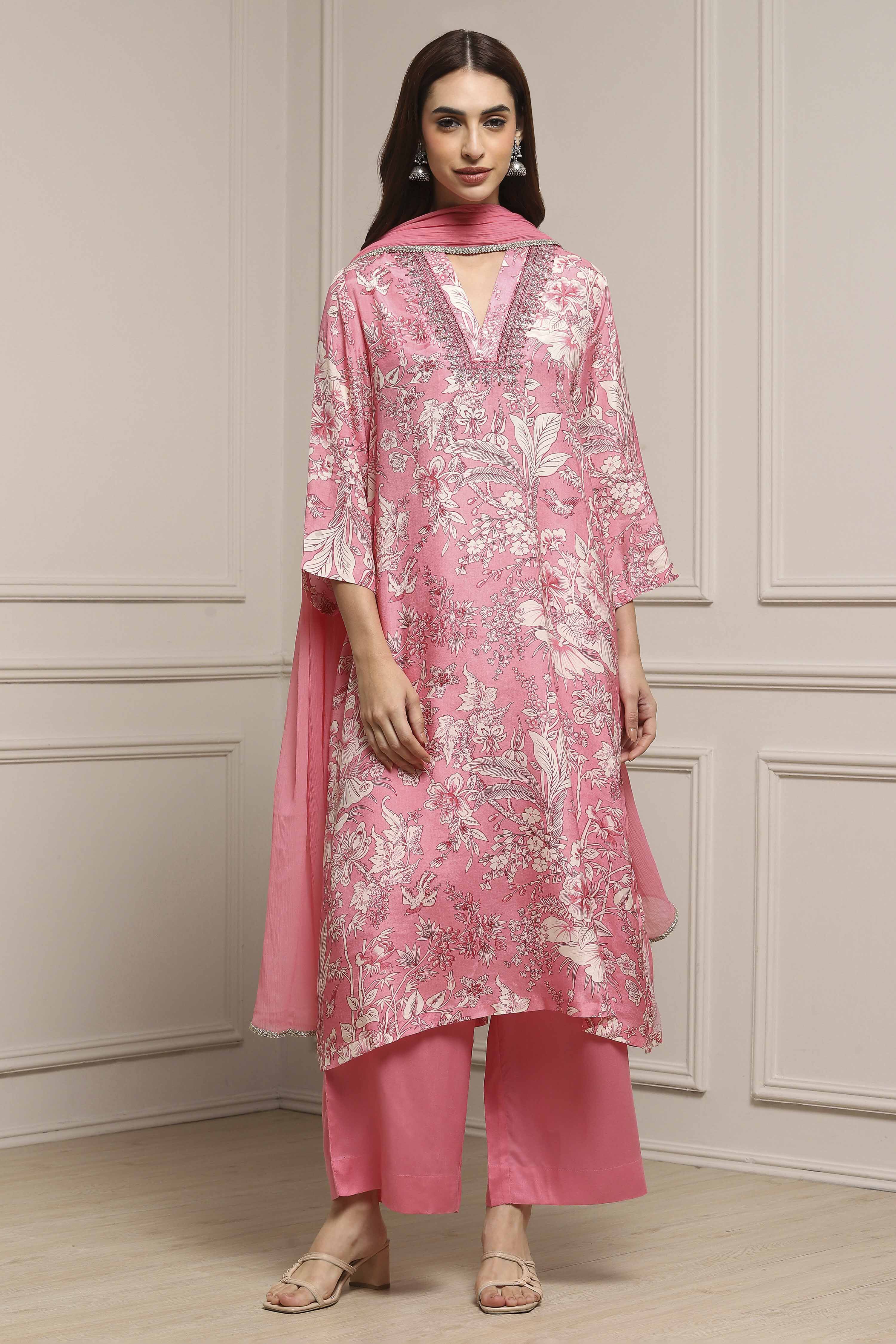 Pink Viscose Rayon Asymmetric Printed Suit Set image number 6