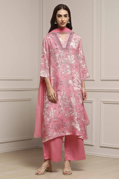 Pink Viscose Rayon Asymmetric Printed Suit Set image number 6