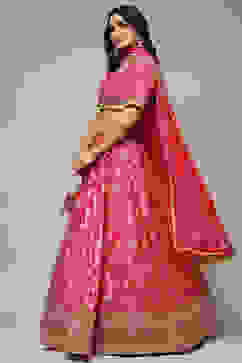 Fuchsia Silk Brocade Straight Embroidered Kurta Lehenga Set image number 4