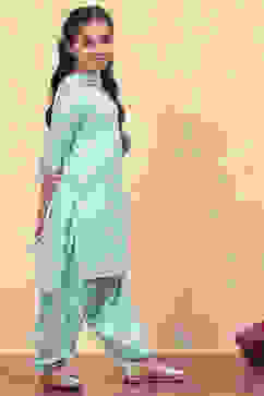 Turquoise Cotton Straight Printed Kurta Patiala Salwar Suit Set image number 5