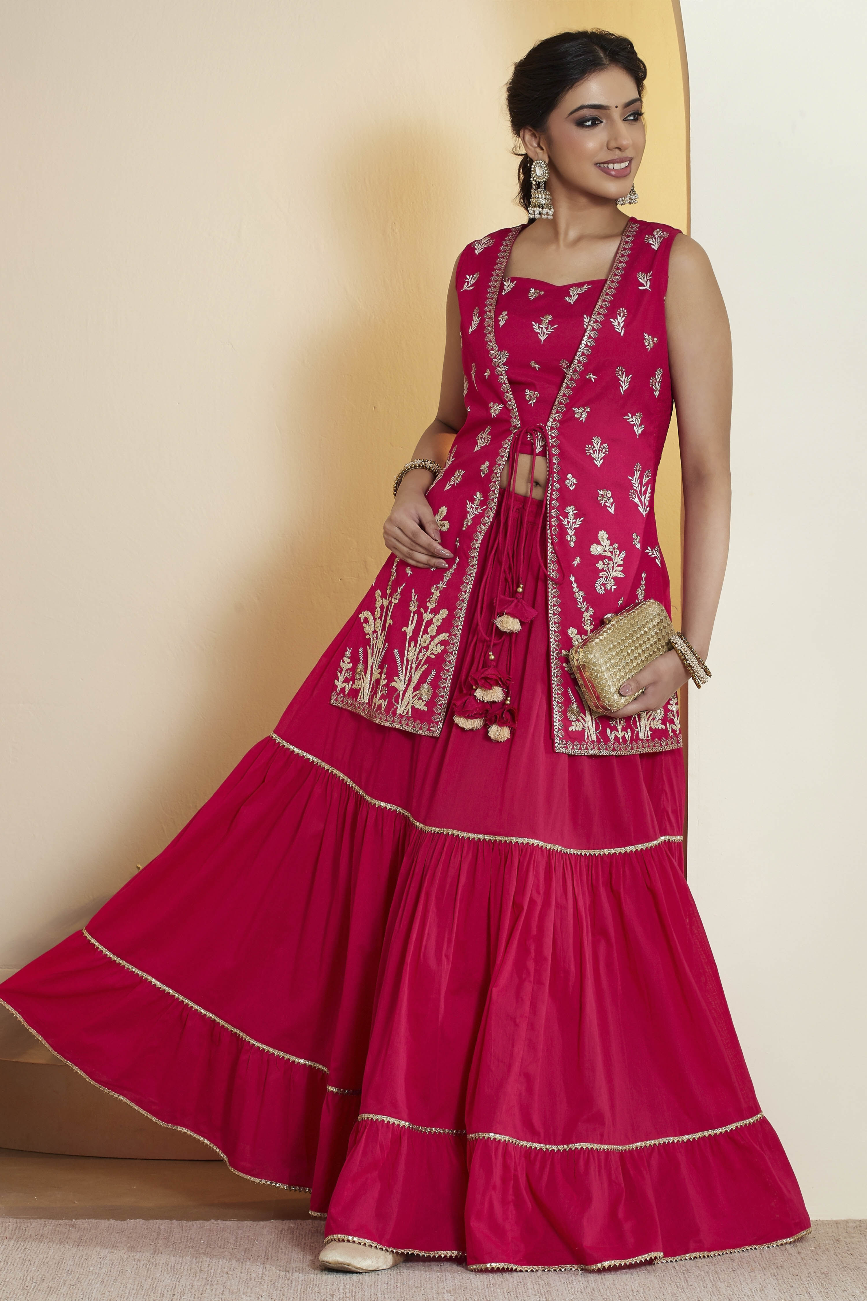 Red Embroidered Gathered Lehenga Set with Jacket image number 0