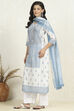 White-Blue Cotton Unstitched Suit Set image number 4