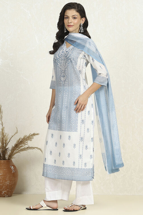 White-Blue Cotton Unstitched Suit Set image number 4
