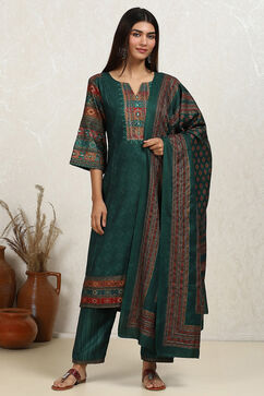 Teal Pashmina Machine Embroidery Unstitched Suit Set image number 7