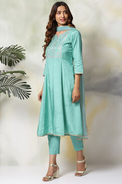 Sea Green Viscose Kalidar Kurta Slim Pant Suit Set image number 4