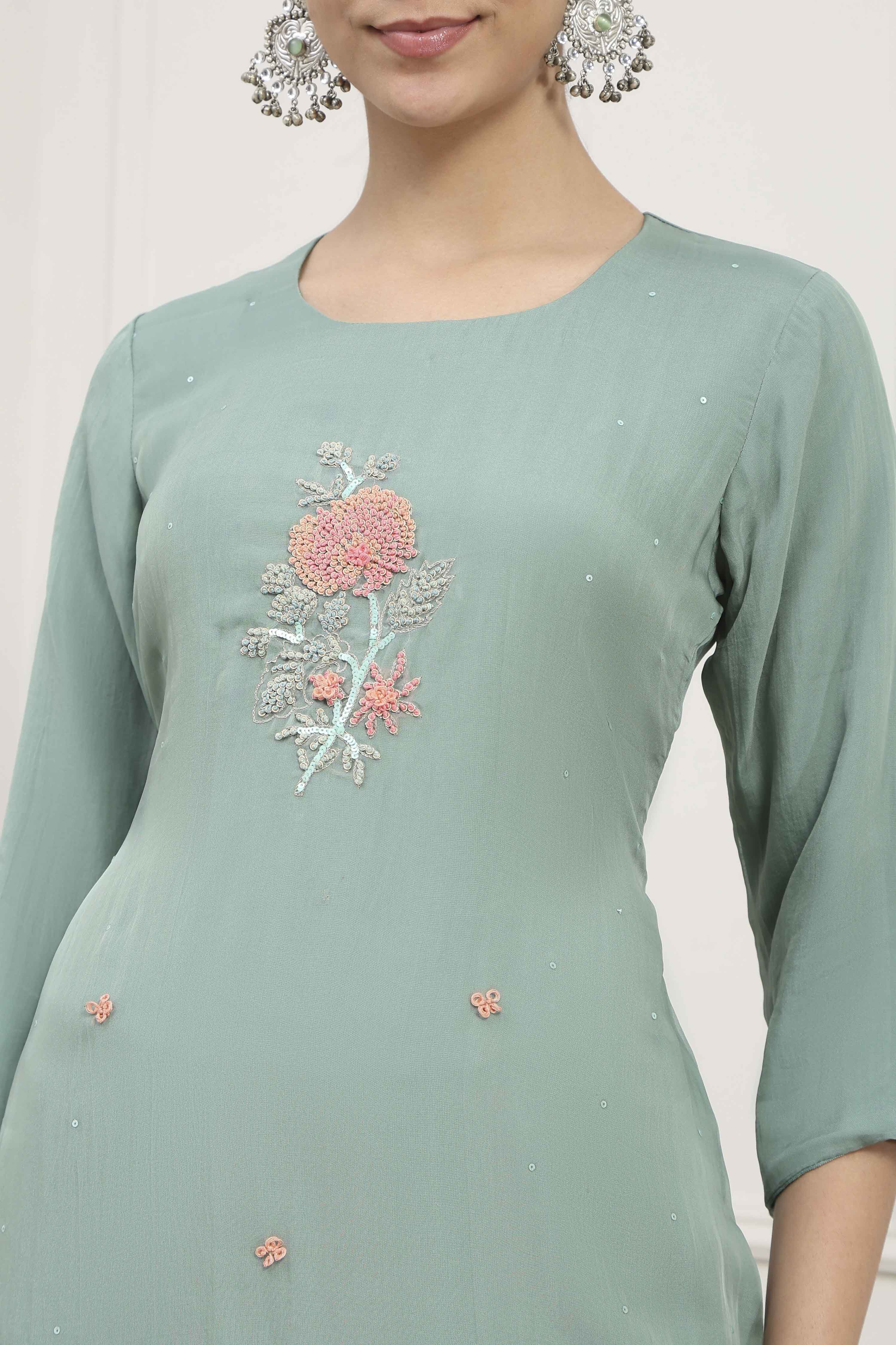 Dull Green Viscose Organza Hand Embroidered Unstitched Suit Set image number 2