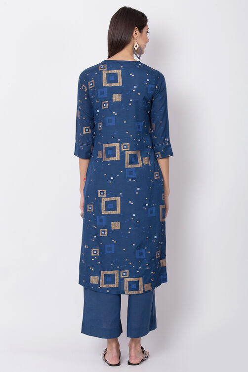 Indigo Cotton Flax Straight Printed Kurta image number 4
