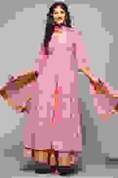 Pink Cotton Mirror work Anarkali Lehenga Set image number 0