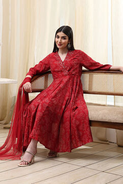 Red Printed Angrakha Style Anarkali Suit Set image number 0