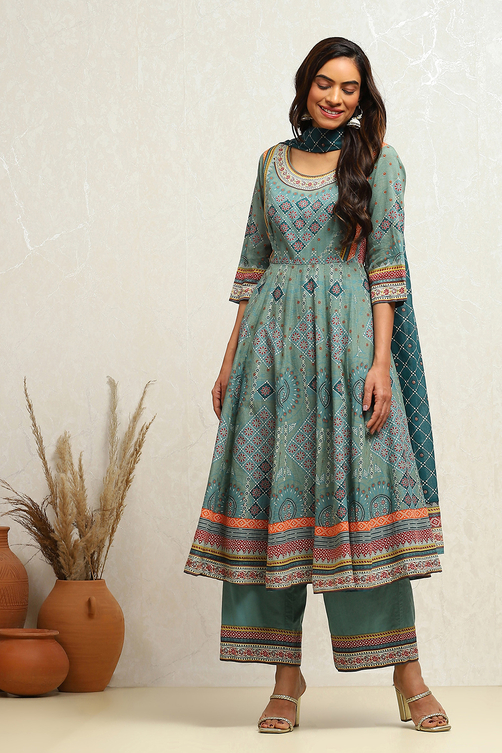 Ecru Cotton Geometric Printed Anarkali Suit Set image number 6