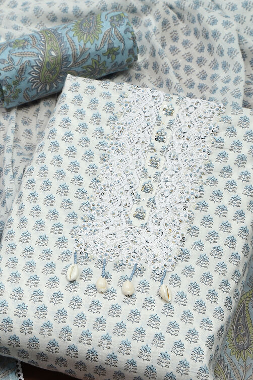 Yellow Cotton Lace Unstitched Suit Set image number 1