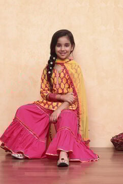 Pink and Yellow Cotton Printed Straight Suit Set image number 0