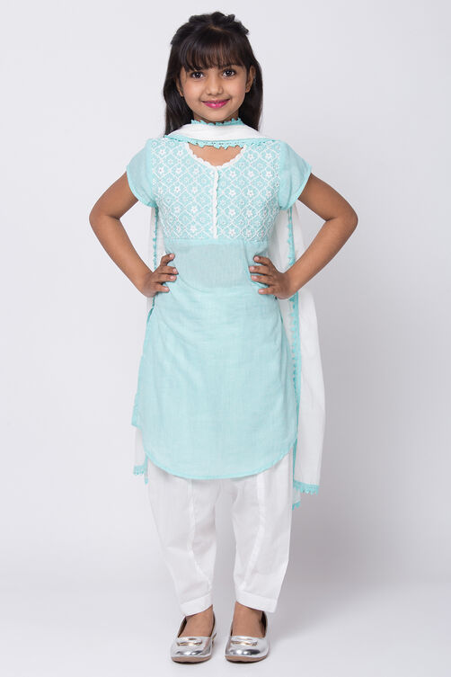 Turquoise Cotton Chikankari Kurta Salwar Suit Set image number 0