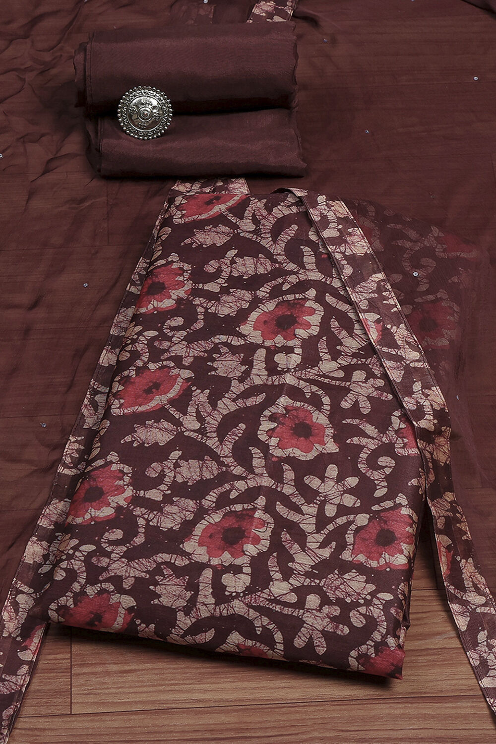 Maroon Chanderi Printed Embroidered Unstitched Suit Set image number 0