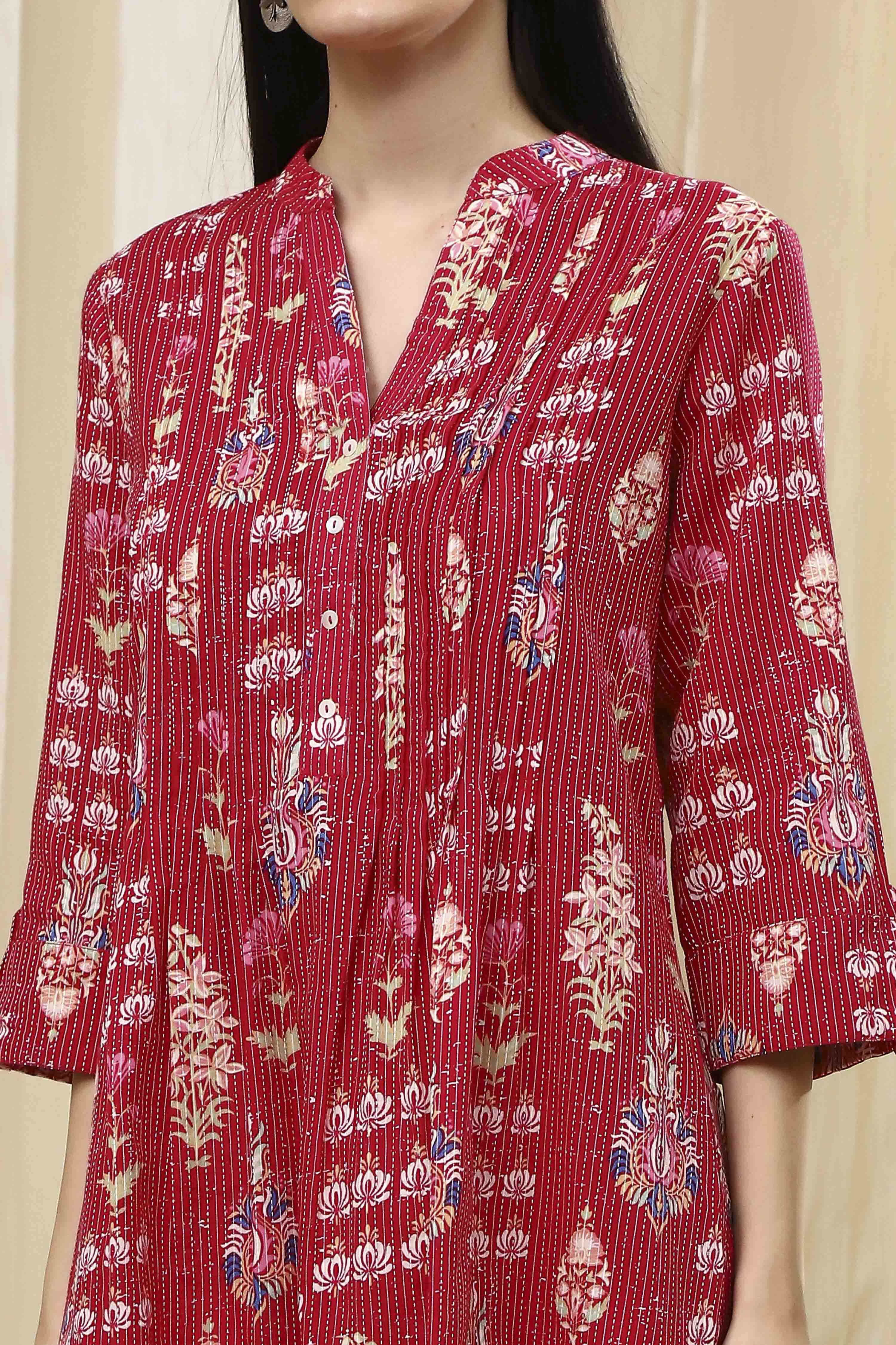 Pink Cotton Printed A-Line Kurta image number 1