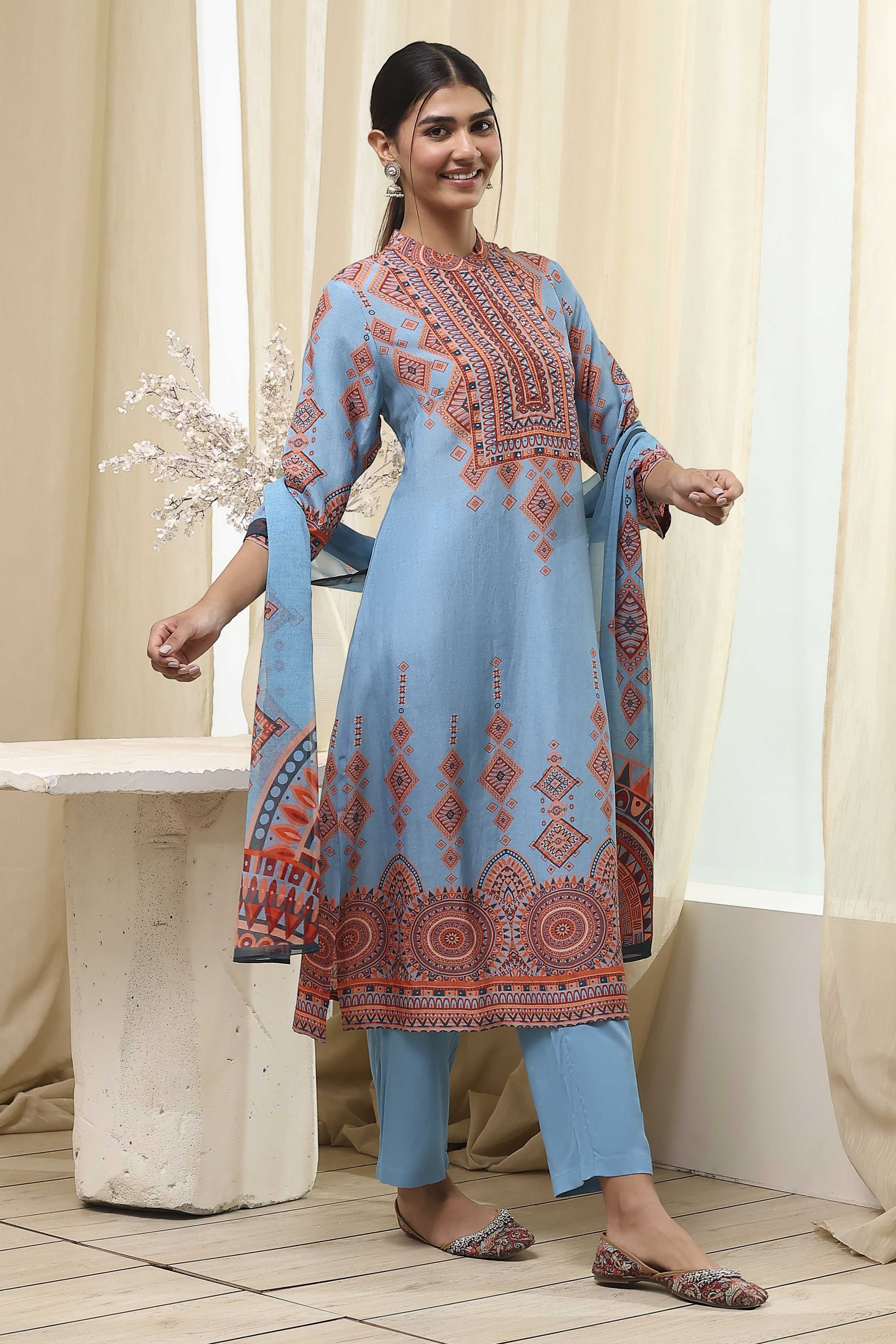 Dull Blue Printed Straight Suit Set image number 5