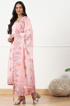 Pink Linen Floral Printed Unstitched Suit Set image number 6