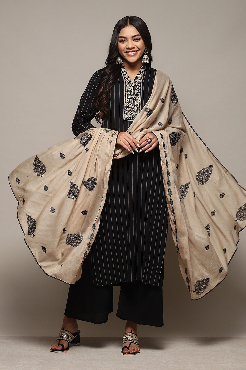 Black Cotton Hand Embroidered Unstitched Suit Set image number 1