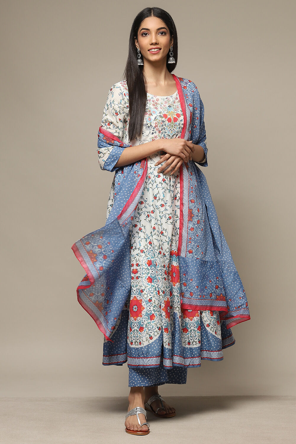 White Cotton Anarkali Kurta Palazzo Suit Set image number 0