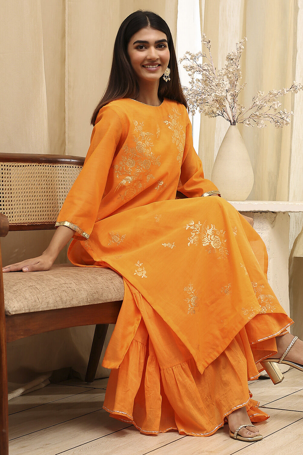 Orange Poly Chanderi Layered Tiered Dress image number 0