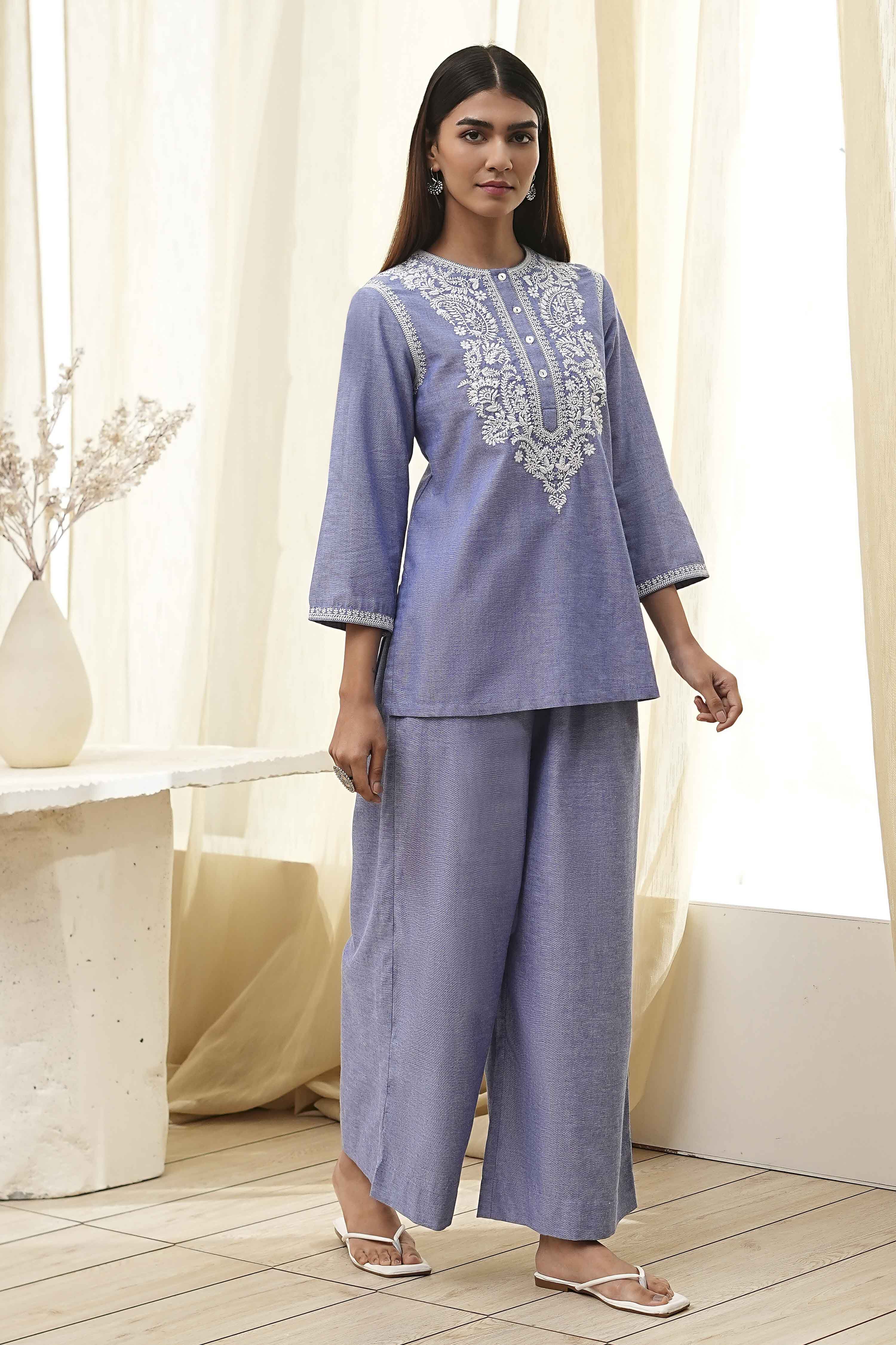 Dull Blue Cotton Straight Co-ord Set image number 5