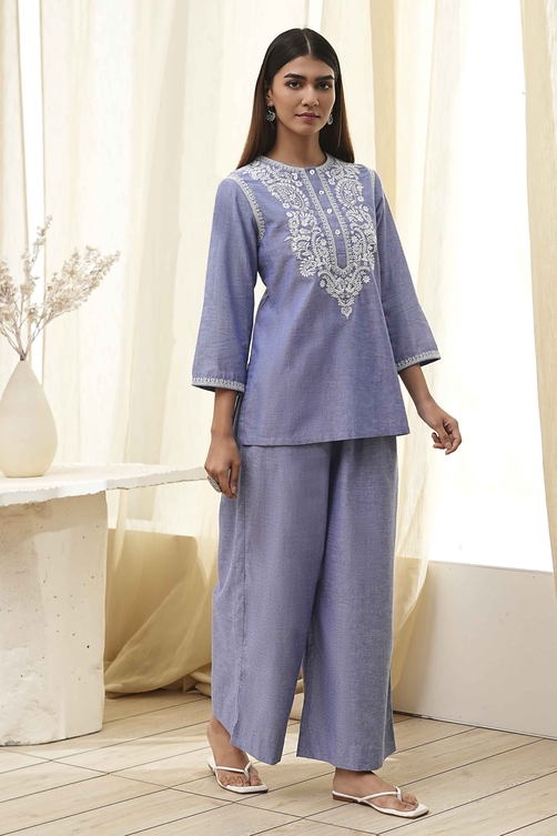 Dull Blue Cotton Straight Co-ord Set image number 5