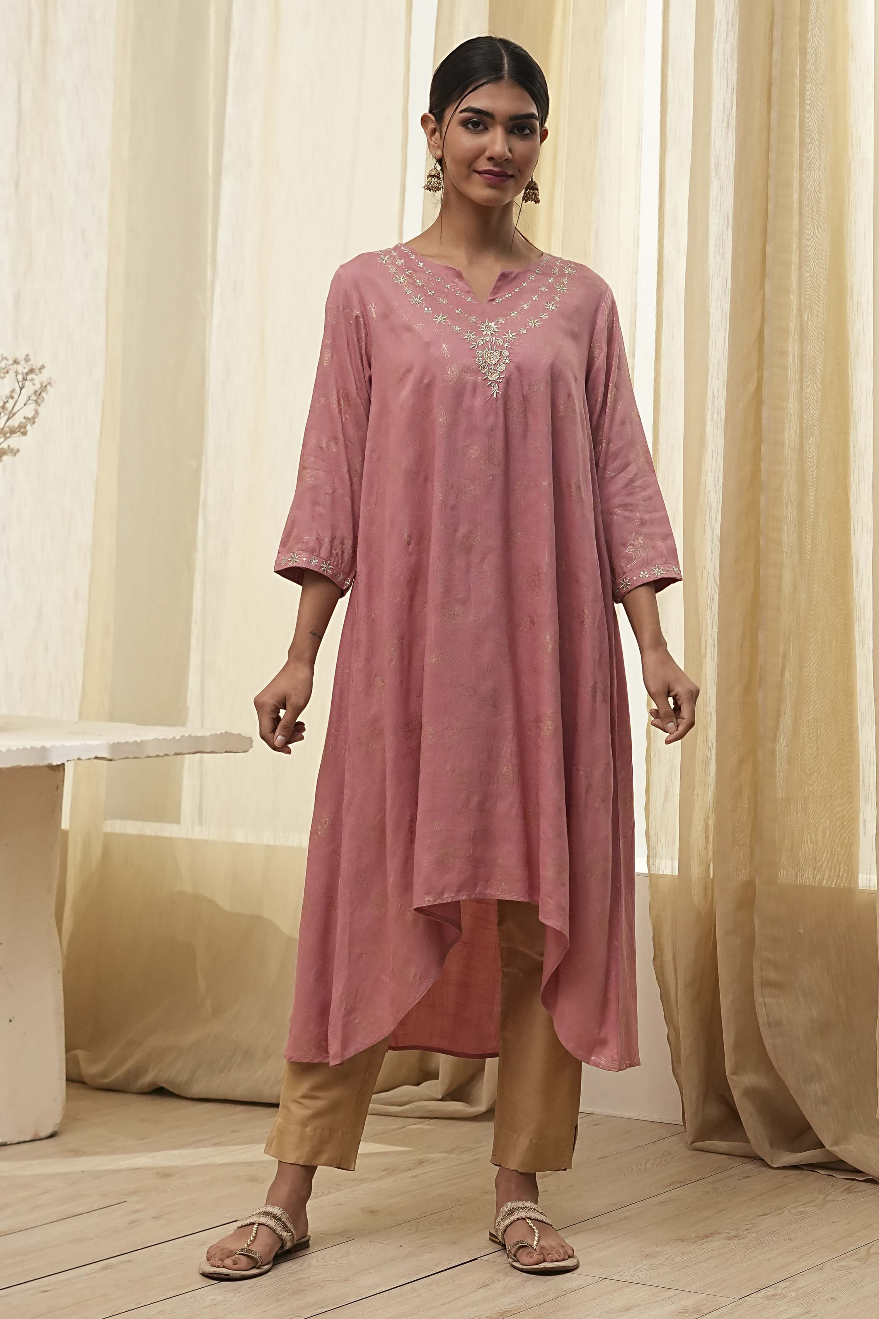 Dull Pink Printed Asymmetric Kurta image number 5