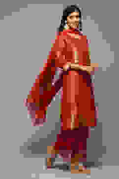 Rust Viscose & Metallic Straight Kurta Palazzo Suit Set image number 6