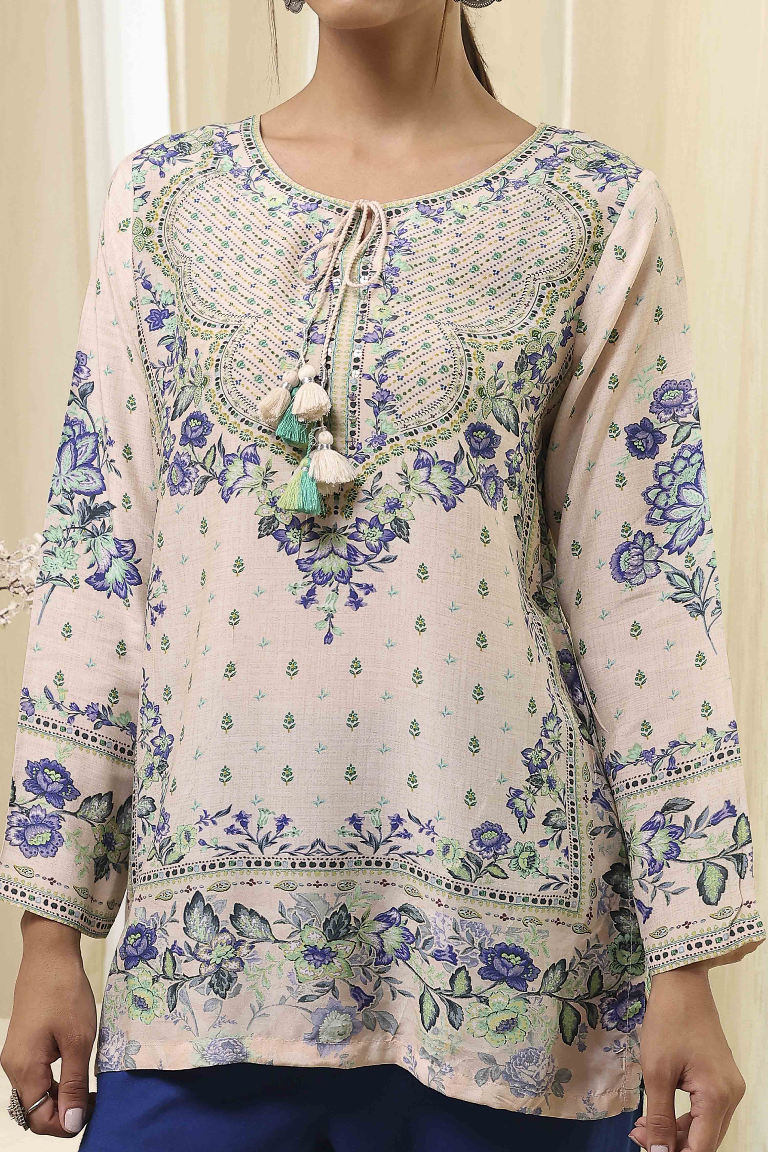 Off-White and Blue Modal Blend Straight Short Kurta image number 1