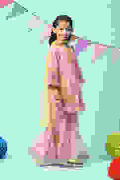 Peach Nylon Gathered Embroidered Kurta Garara Suit Set image number 6