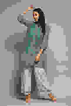 Teal Polyester Straight Printed Top image number 0