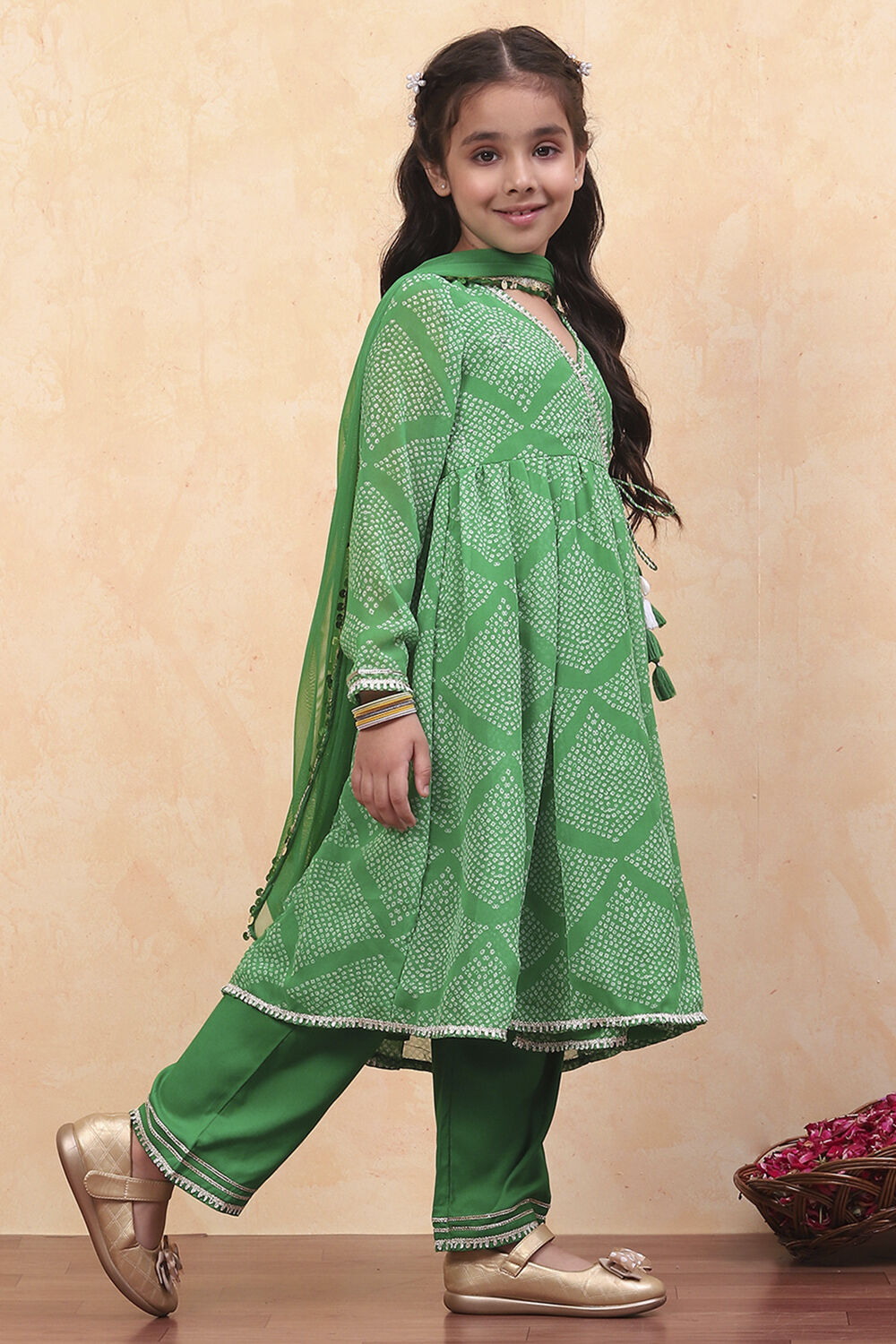 Green Georgette Bandhani Printed Angrakha Suit Set image number 5