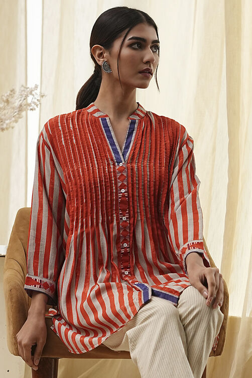 Orange Modal Printed Shirt-Style Short Kurta image number 6