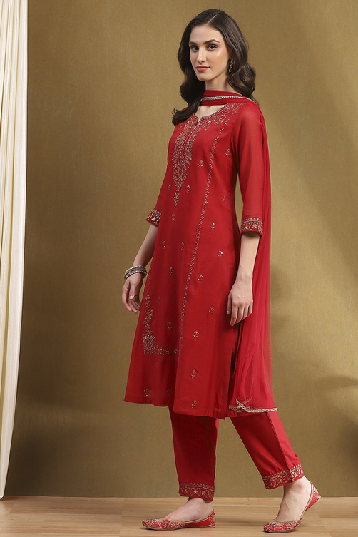 Yellow Embroidered Festive Straight Suit Set image number 3
