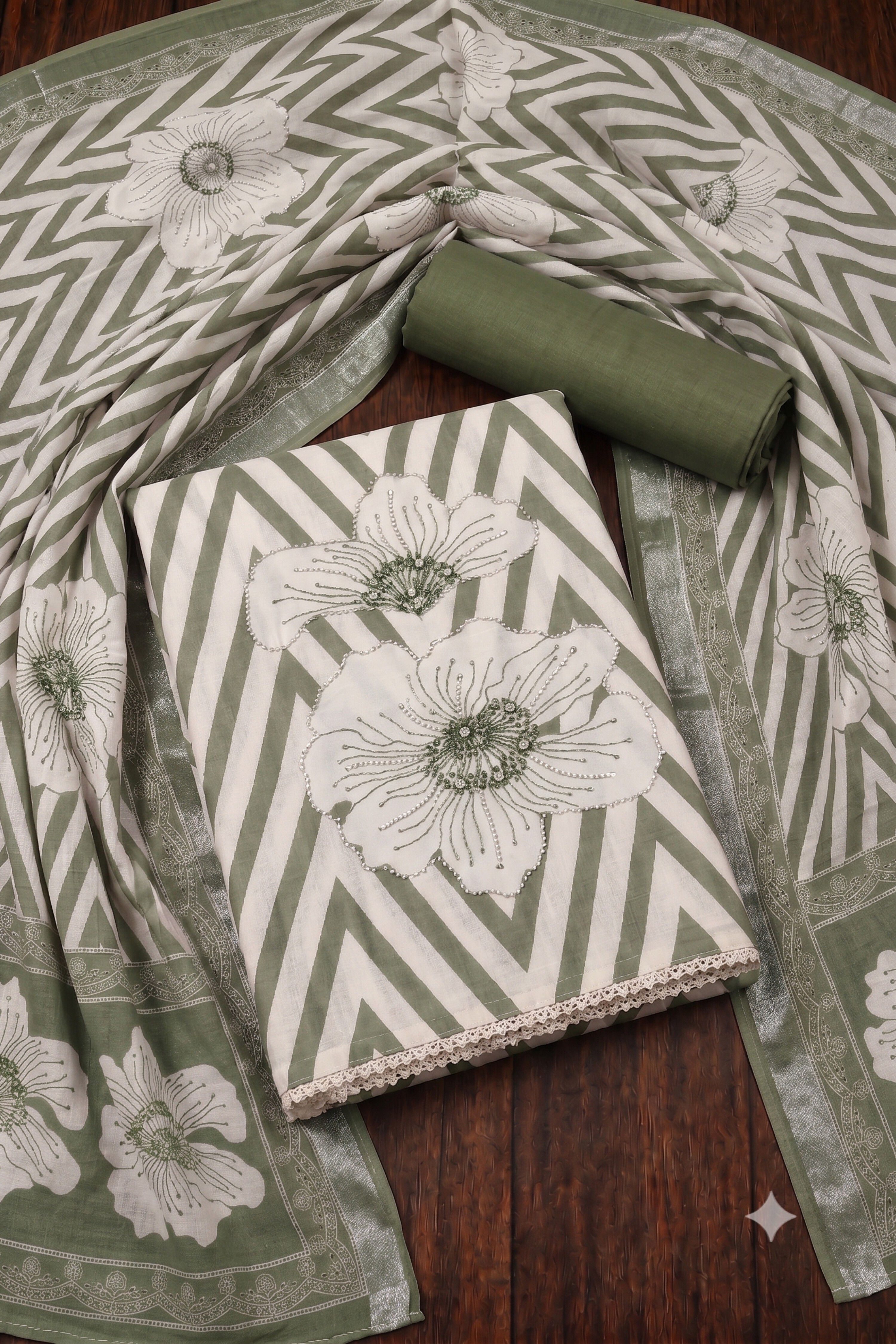 Green Linen Contemporary Print Unstitched Suit Set image number 0