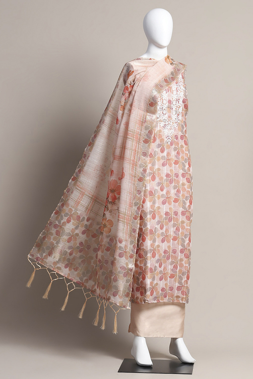 Peach-Colored Cotton Blend Unstitched Suit Set image number 0