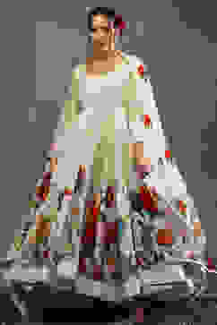 Rohit Bal Off-White Silk Chanderi Floral Anarkali Suit Set image number 1