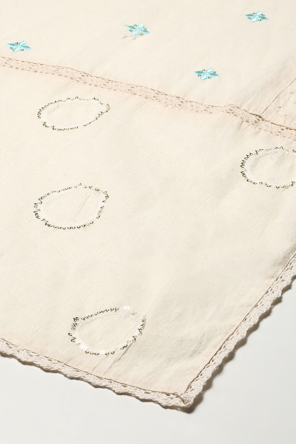 Off White Cotton Schiffly Unstitched Suit Set image number 4